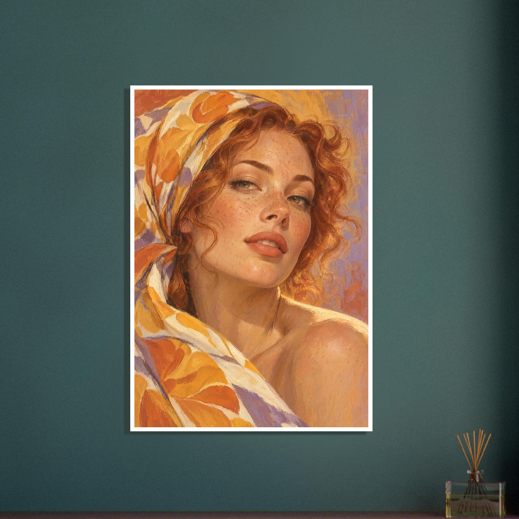 Freckled woman with copper curls and green eyes wearing an orange, yellow, cream and lilac floral headscarf.