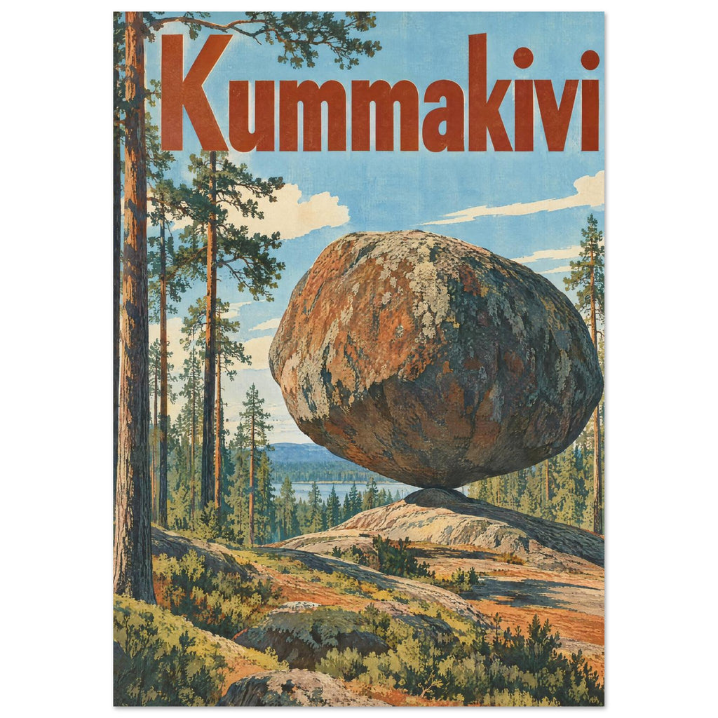 Balanced boulder among tall pine trees beneath a blue sky, with large rust-red Kummakivi lettering across the top.