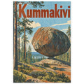 Balanced boulder among tall pine trees beneath a blue sky, with large rust-red Kummakivi lettering across the top.