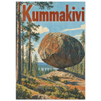 Balanced boulder among tall pine trees beneath a blue sky, with large rust-red Kummakivi lettering across the top.