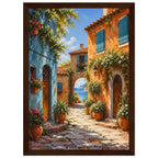 Coastal village lane with blue and orange buildings, potted flowers and a stone archway opening onto a sea view.
