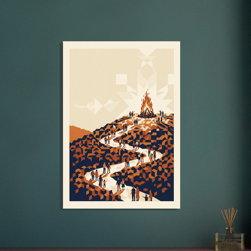 Figures follow a winding cream path up an orange and navy geometric hillside towards a tall bonfire beneath a pale sky.
