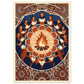 Singers holding open songbooks circle a bonfire, surrounded by ornate geometric patterns in navy, orange and cream.