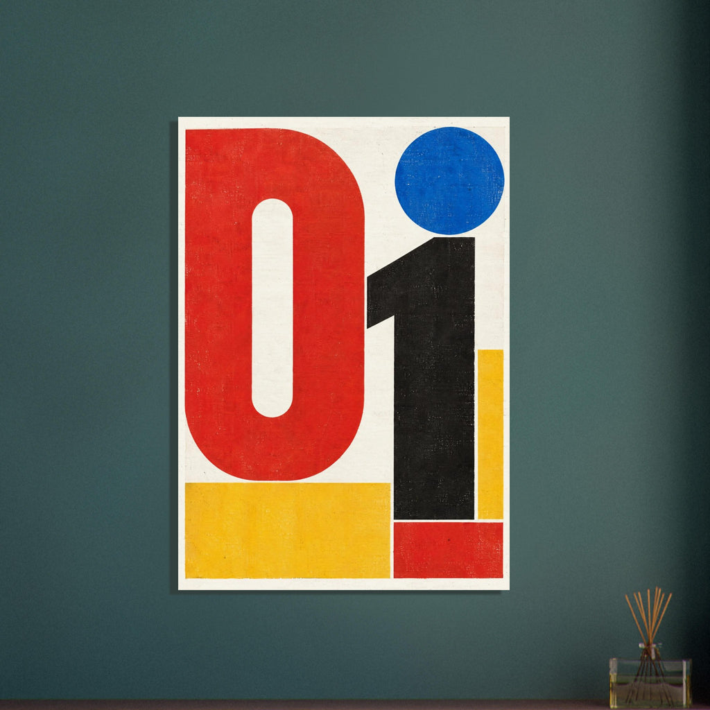 Large red zero and black one with a blue circle and yellow rectangles on a textured cream background.