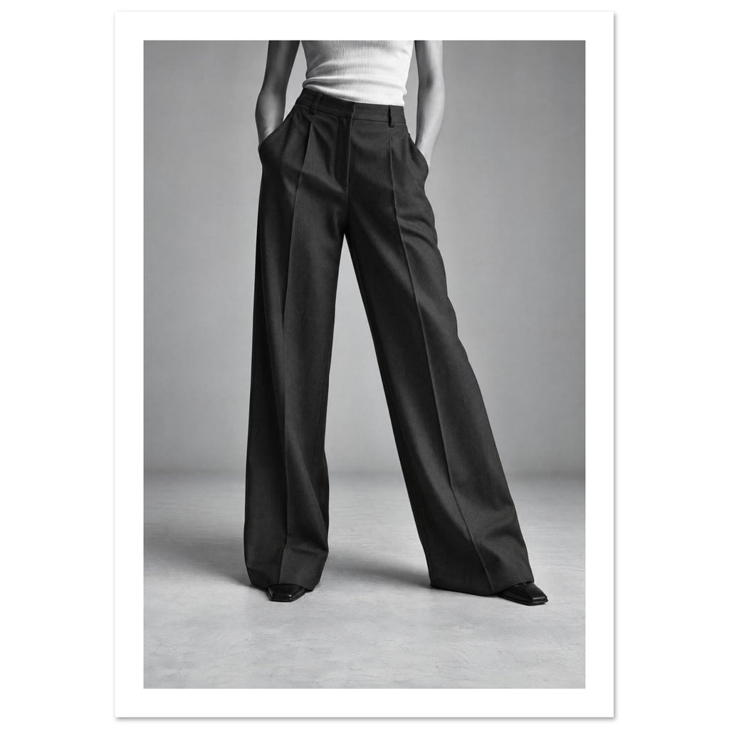 Cropped figure in dark wide-leg trousers, a white ribbed top and pointed shoes, standing with hands in pockets.