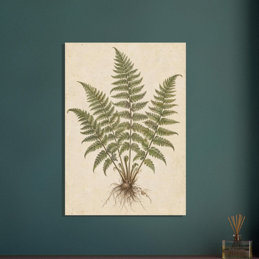 Fern with olive-green fronds, curled new shoots and exposed brown roots on a mottled cream background.
