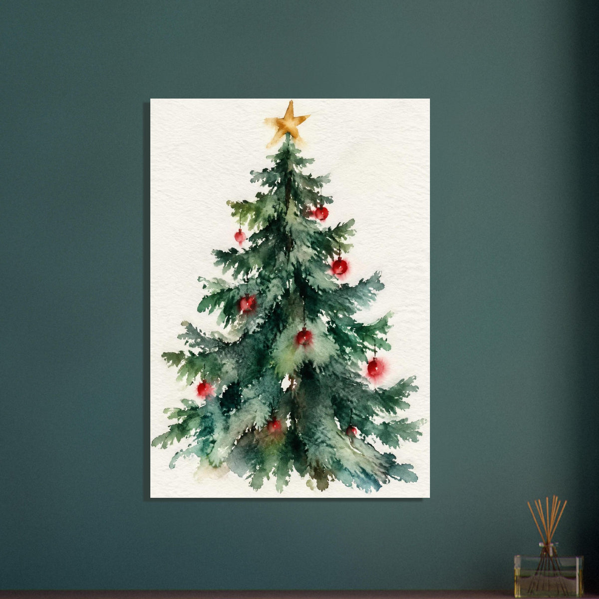 Watercolour Christmas tree with red baubles and a gold star, painted in loose green brushstrokes