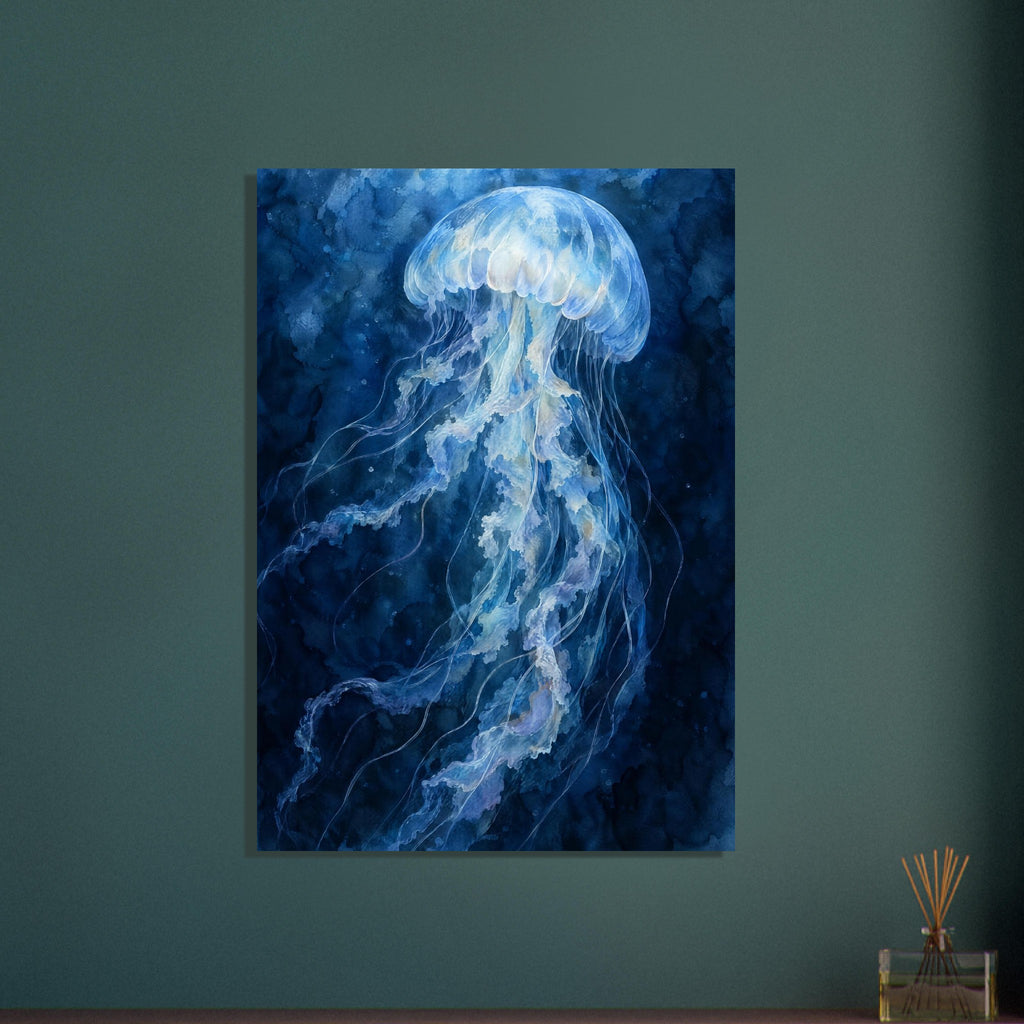 Pale blue jellyfish with a translucent bell and long, rippling tentacles against a deep blue watercolour background.