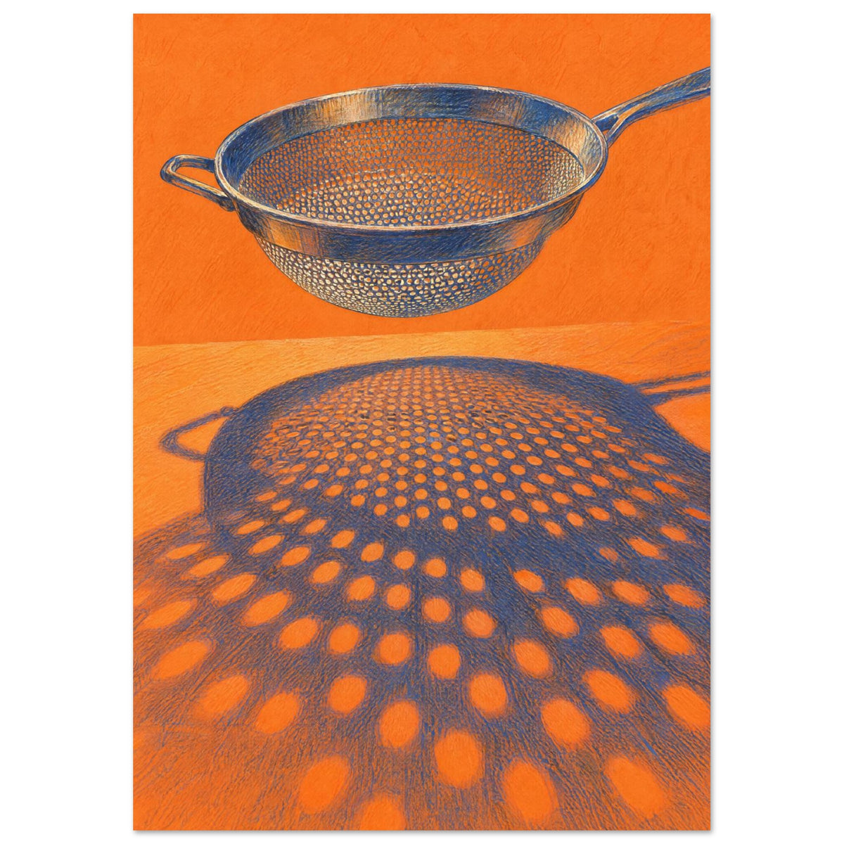 Blue kitchen sieve against an orange background, casting a large perforated shadow across the surface below.