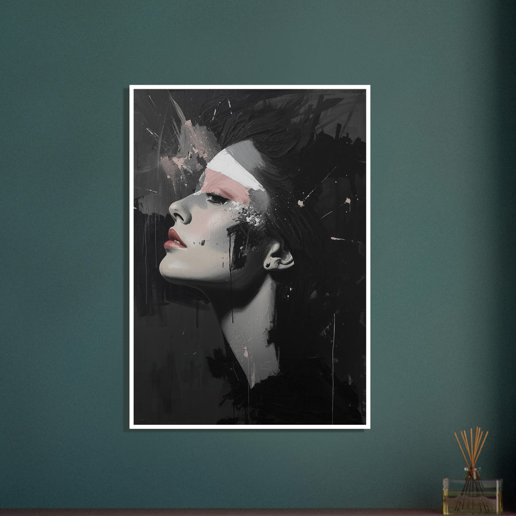 Woman's upward-tilted profile in grey and black brushwork, with pink eyelids and lips against a dark, splattered background.