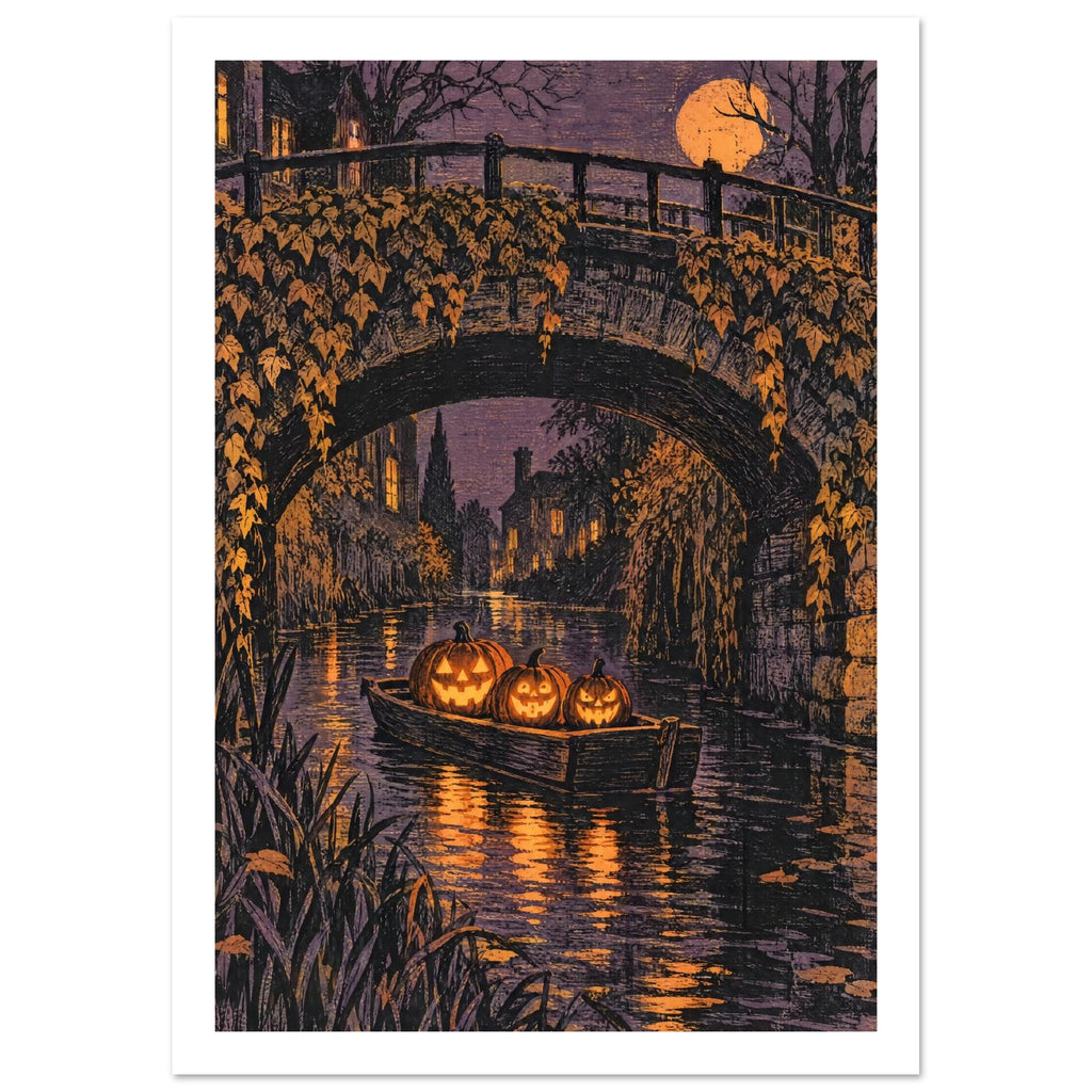 Three glowing jack-o’-lanterns in a boat beneath an ivy-covered stone bridge, with an orange moon and canal reflections.