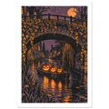 Three glowing jack-o’-lanterns in a boat beneath an ivy-covered stone bridge, with an orange moon and canal reflections.