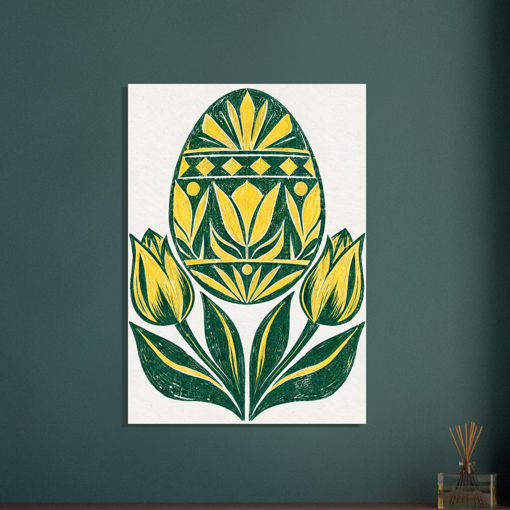 Yellow and green patterned Easter egg above two yellow tulips and sweeping green leaves on a cream background.