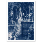 Woman By Fountain Blue Art Print – White Border