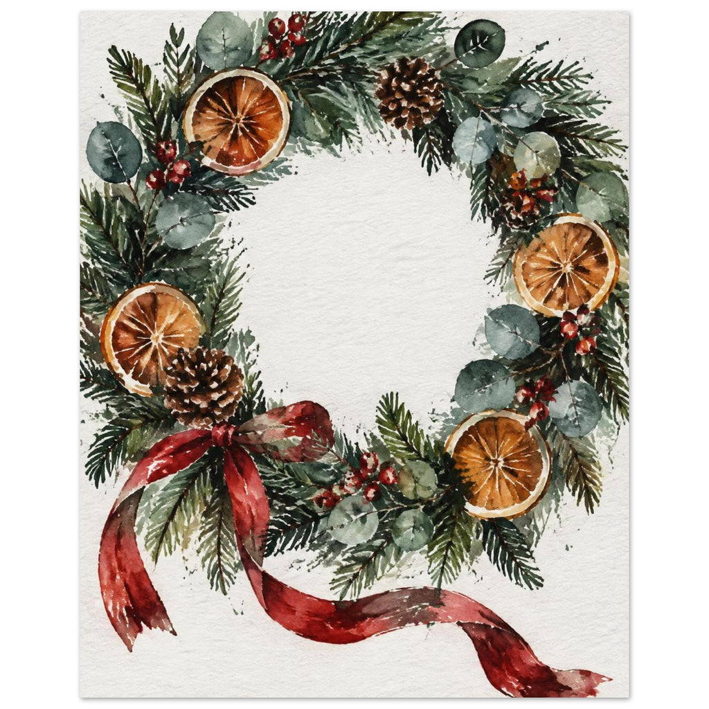 Watercolour Christmas wreath of spruce, eucalyptus, dried oranges and a red ribbon