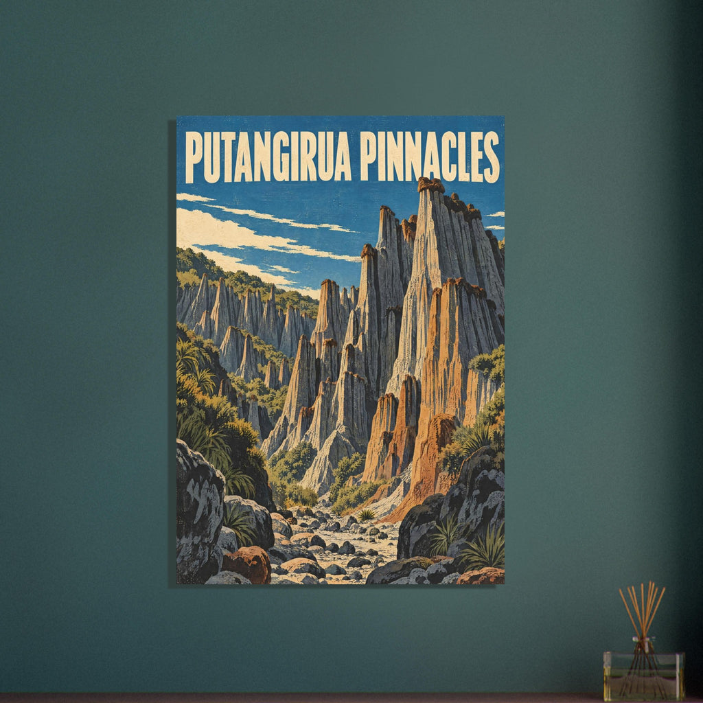Putangirua Pinnacles travel poster with towering ochre and grey rock pillars, green vegetation, blue sky and cream lettering.