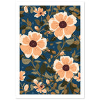 Peach Flowers On Blue Art Print – White Border
