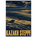 Kazakh Steppe poster with lightning over blue and yellow plains, running horses, railway tracks and a small building.