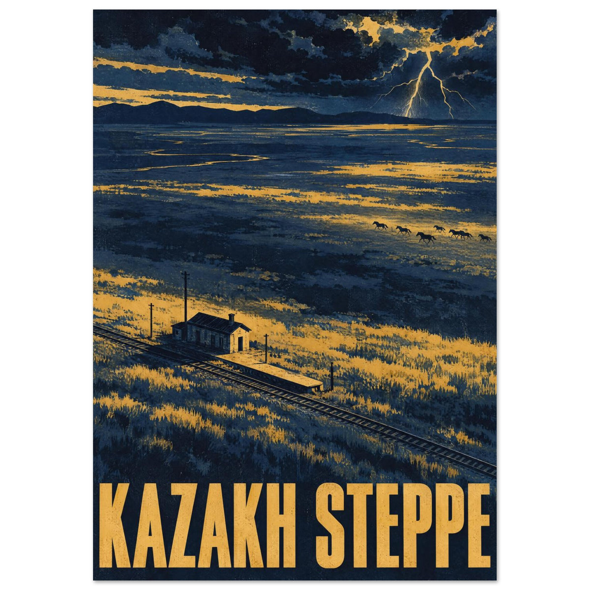 Kazakh Steppe poster with lightning over blue and yellow plains, running horses, railway tracks and a small building.
