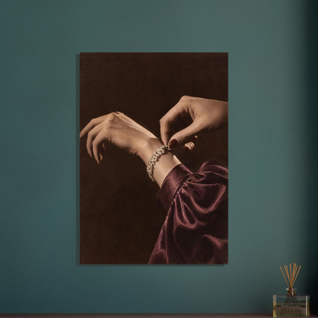 Hands adjusting a sparkling bracelet, with dark red nails and a gathered burgundy sleeve against a dark brown background.