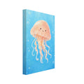 Smiling peach jellyfish with curling tentacles floating in blue water, surrounded by bubbles beneath a sunlit surface.