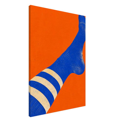 Blue sock with three cream stripes stretching diagonally across an orange background, with a distressed texture.