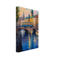Gothenburg canal with a blue tram on a stone bridge, golden buildings, a boat and blue reflections above GÖTEBORG text.