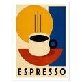 Cream espresso cup with black coffee, linear steam, yellow, blue and red geometric shapes, and bold ESPRESSO lettering.