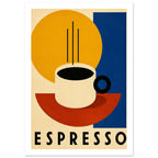Cream espresso cup with black coffee, linear steam, yellow, blue and red geometric shapes, and bold ESPRESSO lettering.