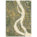 City map with a winding cream river, elongated islands, bridges, dark roads, olive green parks and mustard buildings.
