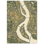 City map with a winding cream river, elongated islands, bridges, dark roads, olive green parks and mustard buildings.