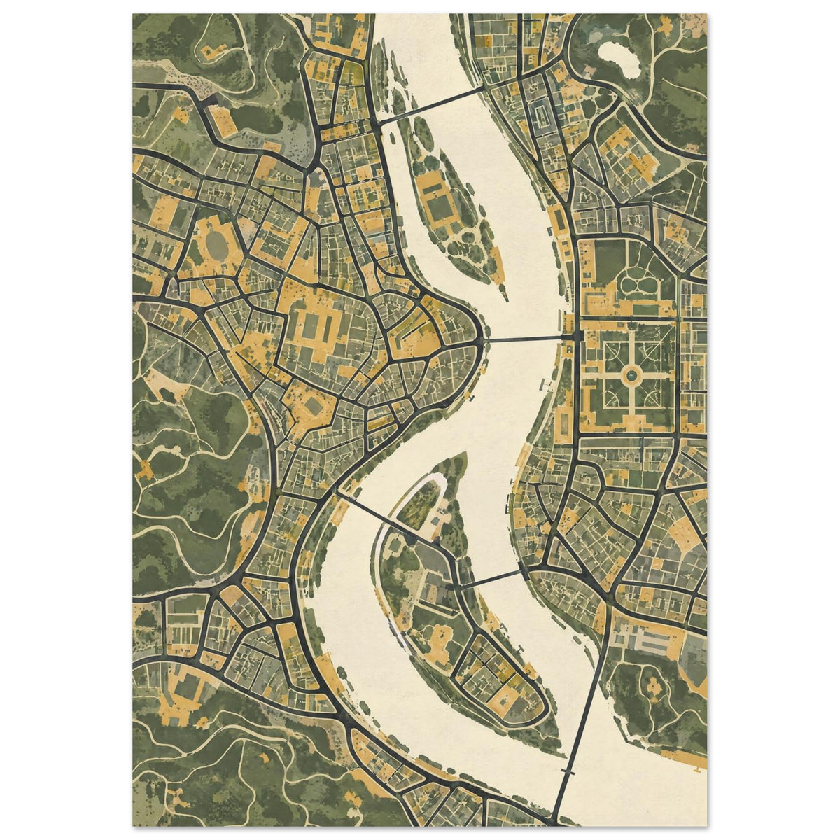 City map with a winding cream river, elongated islands, bridges, dark roads, olive green parks and mustard buildings.