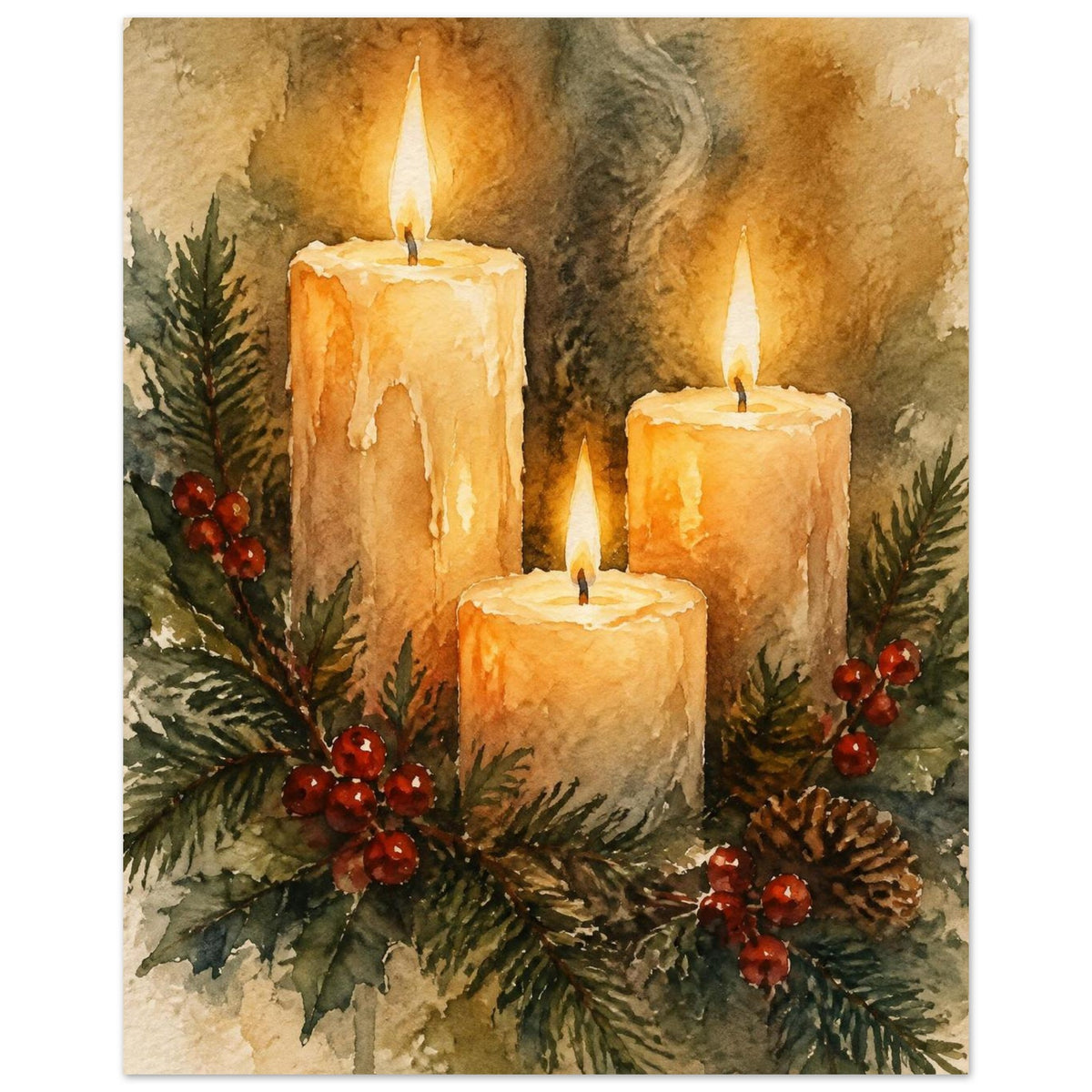 Watercolour painting of three lit advent candles with spruce sprigs and red berries