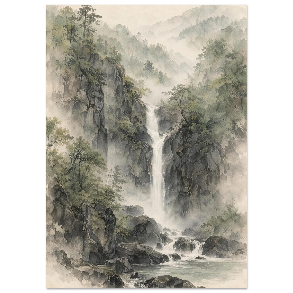 Waterfall cascading between rocky, tree-covered cliffs into a pool, with misty forested hills in muted green and grey.