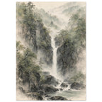 Waterfall cascading between rocky, tree-covered cliffs into a pool, with misty forested hills in muted green and grey.