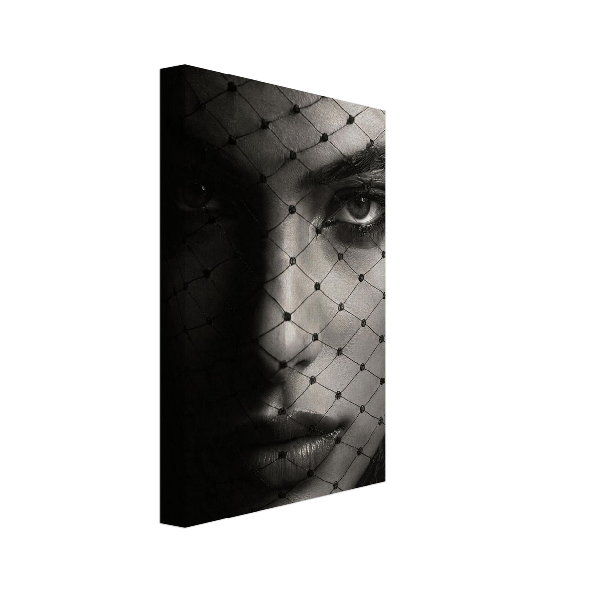 Woman's face behind a diamond-patterned net veil, with one eye brightly lit and the other in deep shadow, in black and white.