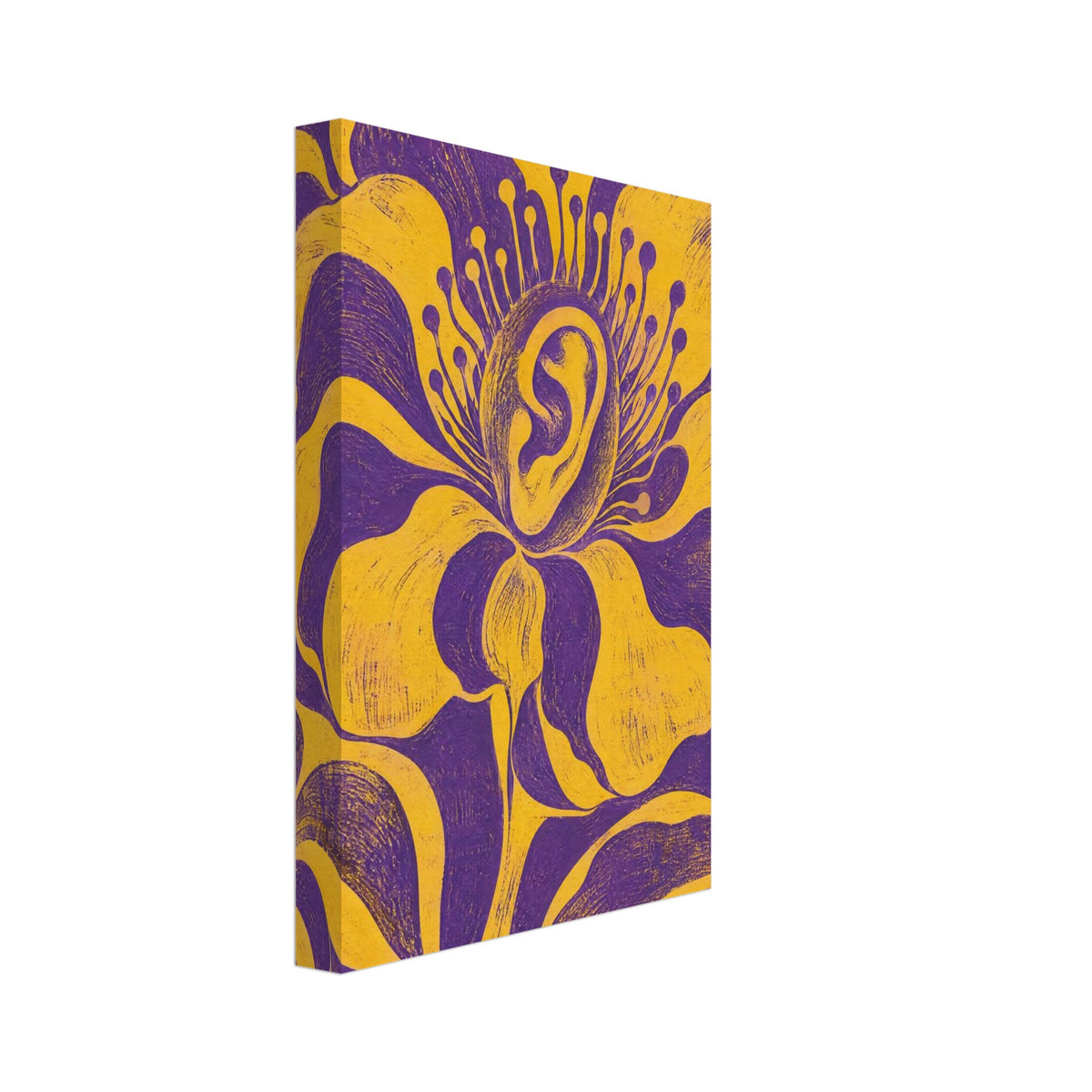 Yellow flower with a human ear at its centre, sweeping petals and curling leaves against a textured purple background.