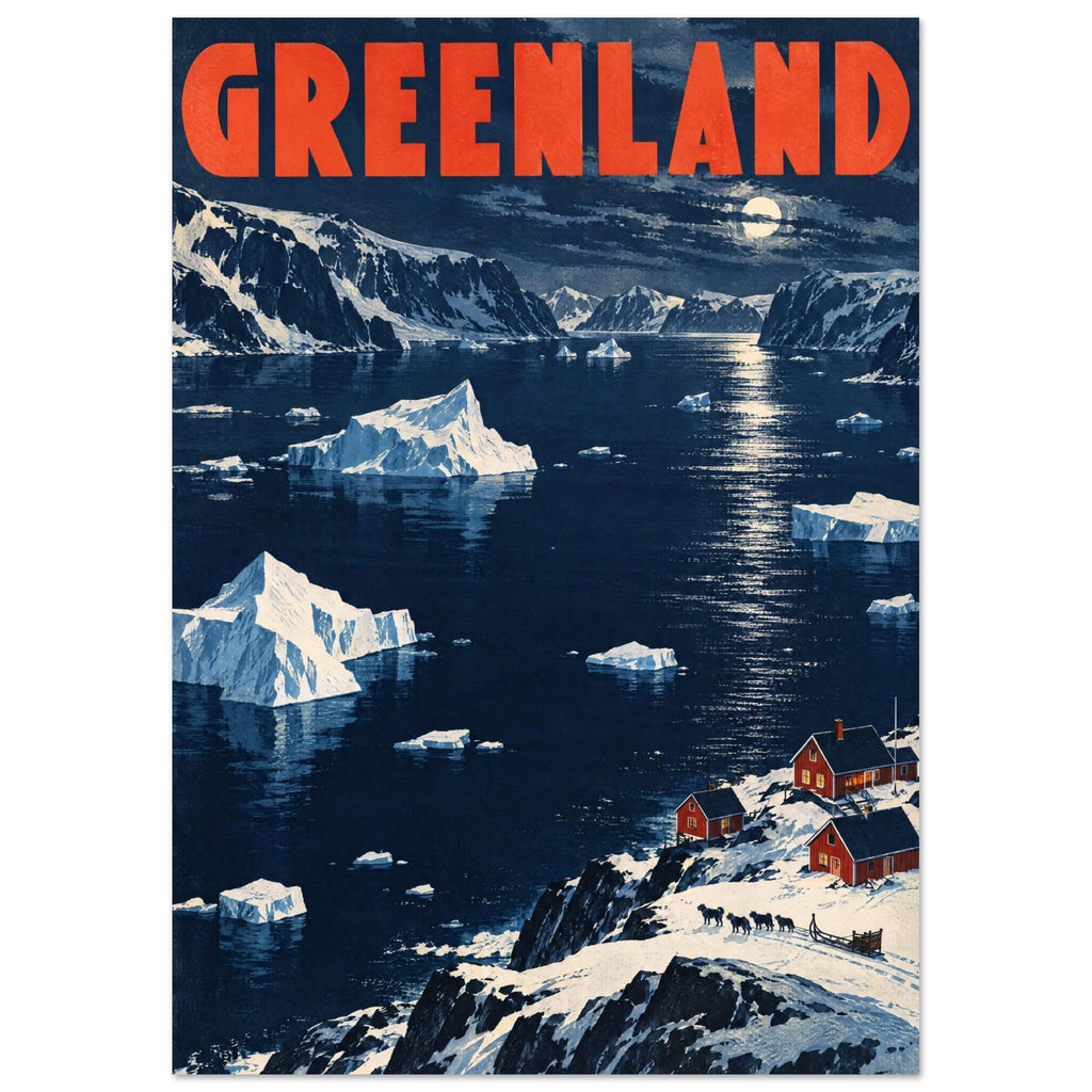 Greenland lettering above a moonlit blue fjord with icebergs, snowy mountains and red cabins on the shoreline.