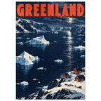 Greenland lettering above a moonlit blue fjord with icebergs, snowy mountains and red cabins on the shoreline.