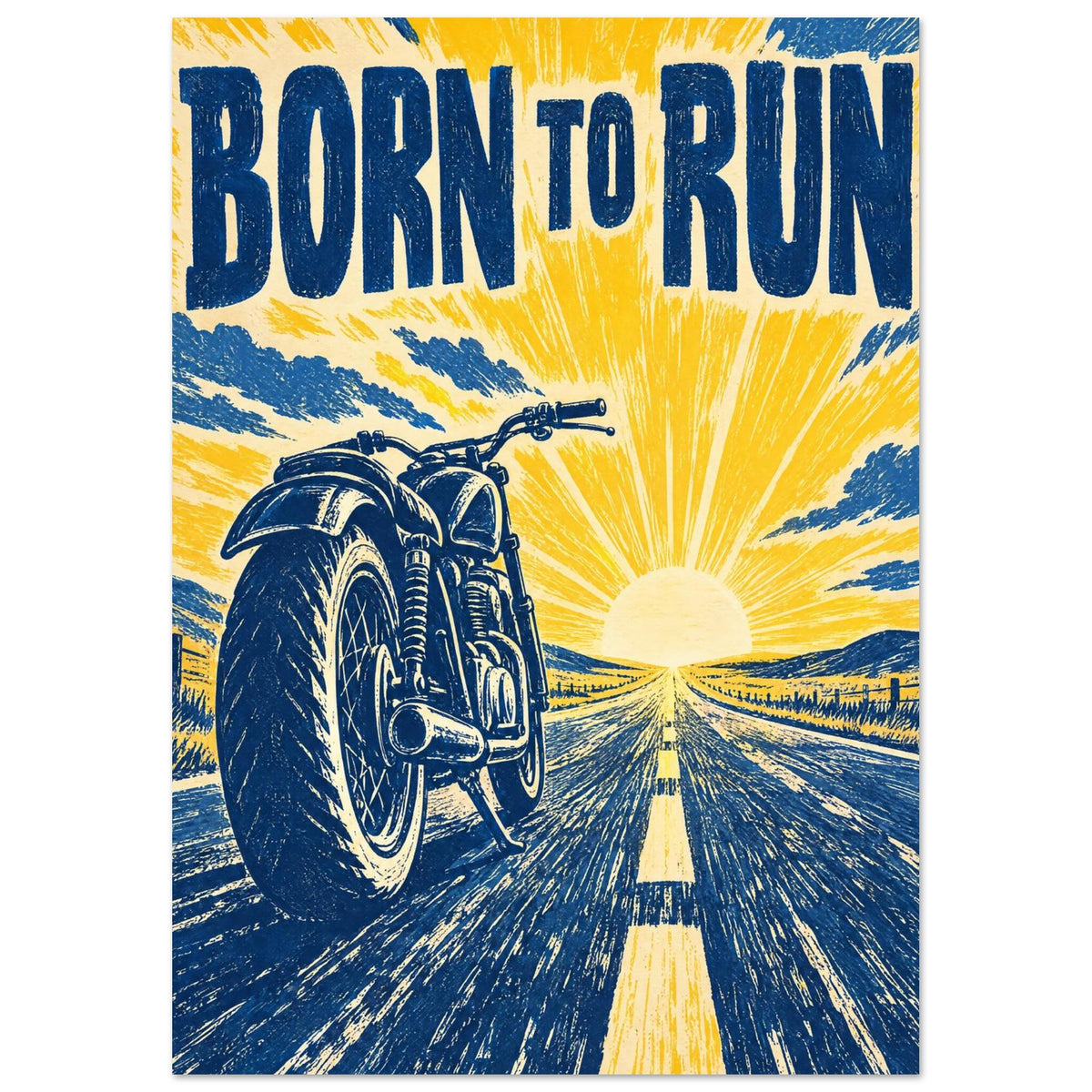 Motorcycle on an open road towards a low sun, with blue and yellow distressed graphics and large “Born To Run” lettering.