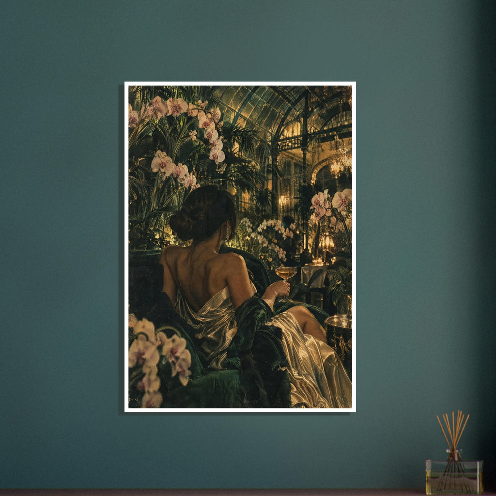 Woman in a gold dress holding a coupe glass, seated among pale orchids and dark foliage beneath a glasshouse roof.