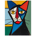 Cubist cat with yellow eyes, angular blue, cream and red features, and black whiskers against a colourful background.