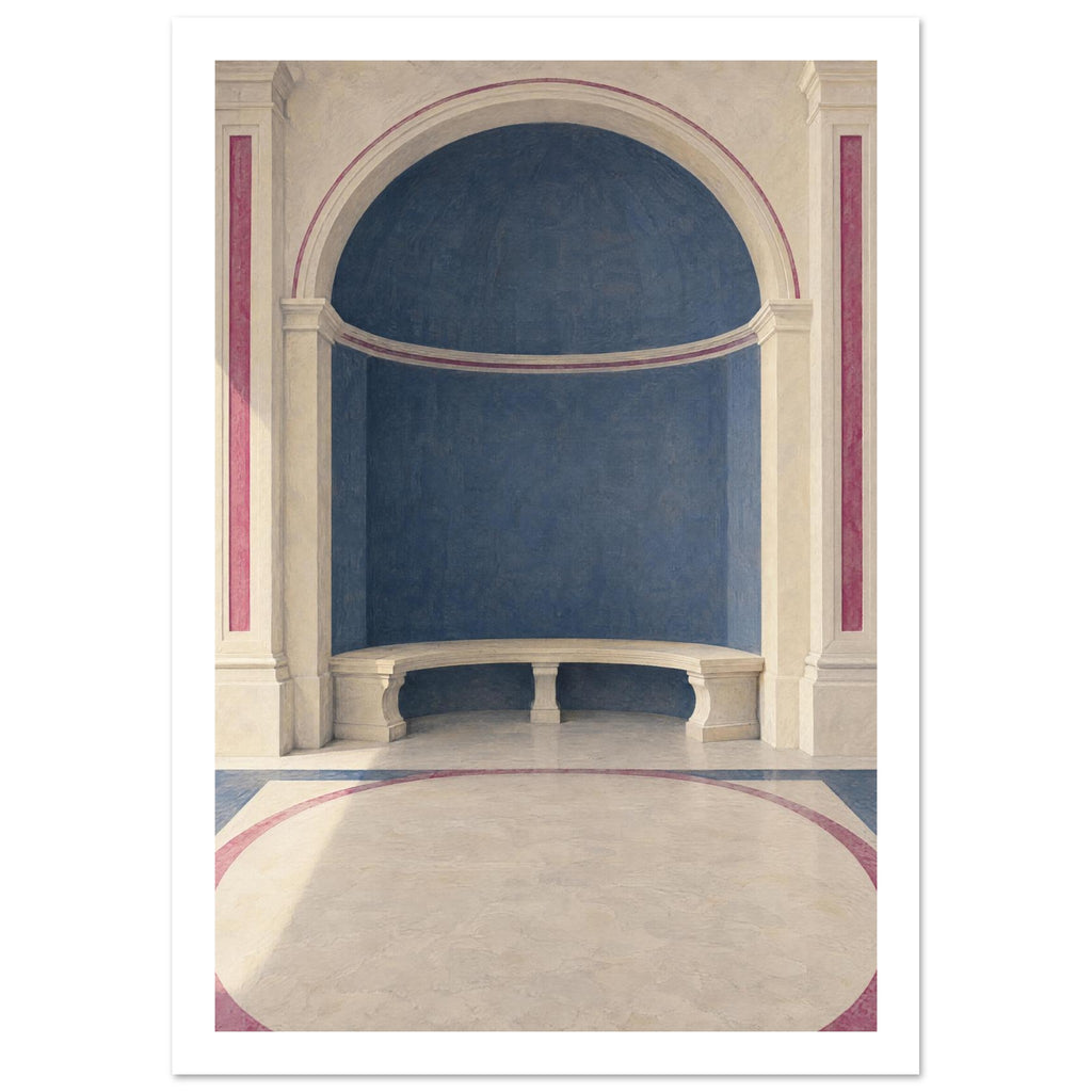 Blue arched alcove with a curved cream stone bench, classical columns and rose-coloured borders across the floor.