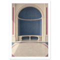 Blue arched alcove with a curved cream stone bench, classical columns and rose-coloured borders across the floor.
