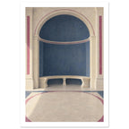 Blue arched alcove with a curved cream stone bench, classical columns and rose-coloured borders across the floor.