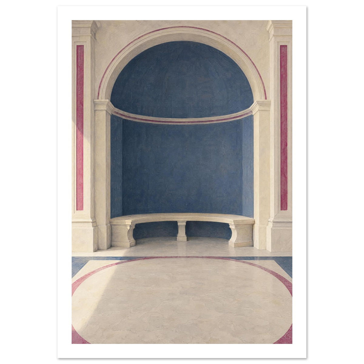 Blue arched alcove with a curved cream stone bench, classical columns and rose-coloured borders across the floor.