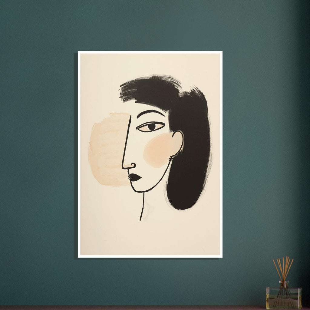 Stylised face with one outlined eye, black lips and sweeping black hair against a cream background with pale peach patches.