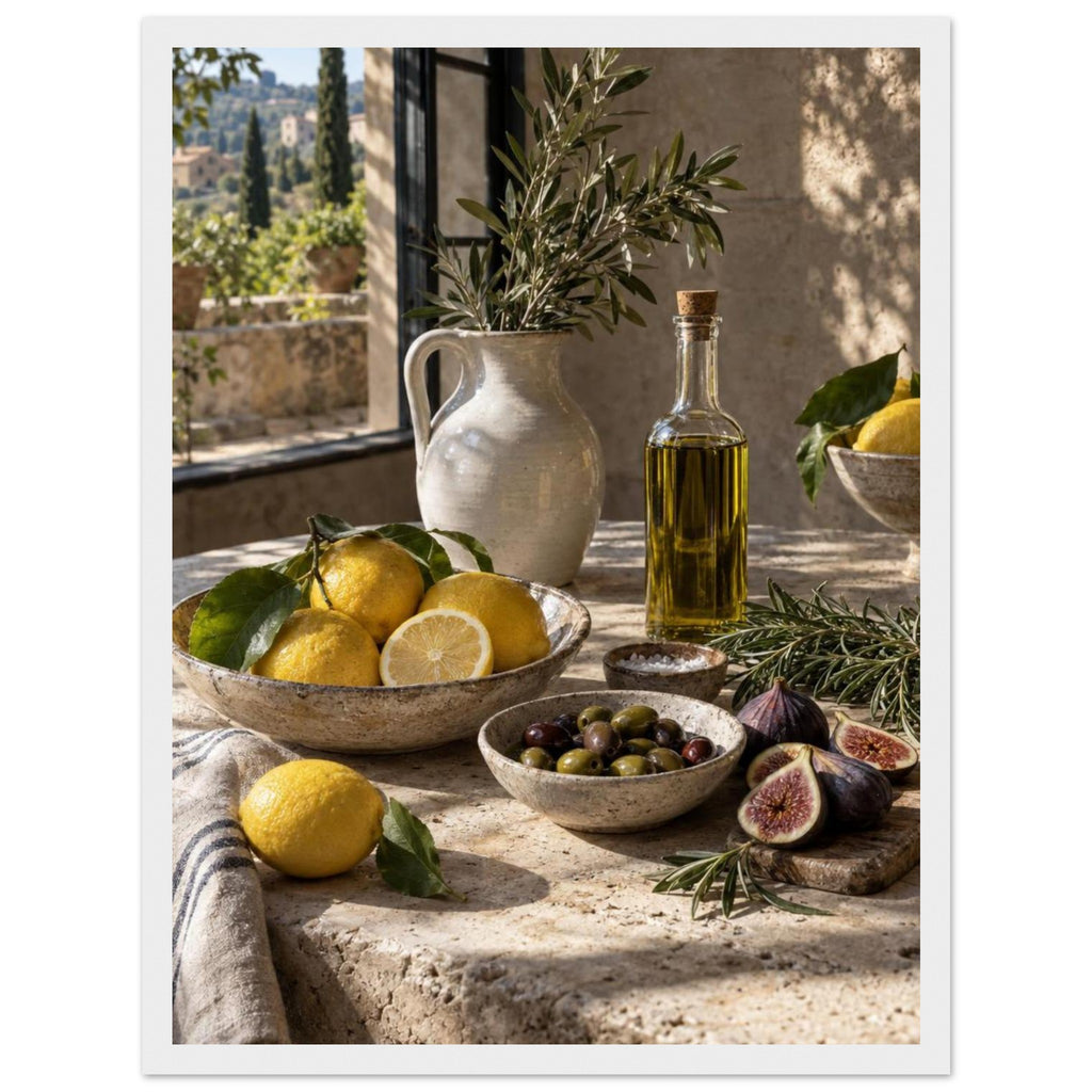 Lemons, olives, figs and a bottle of oil on a stone table beside a ceramic jug of leafy branches and a sunlit window.