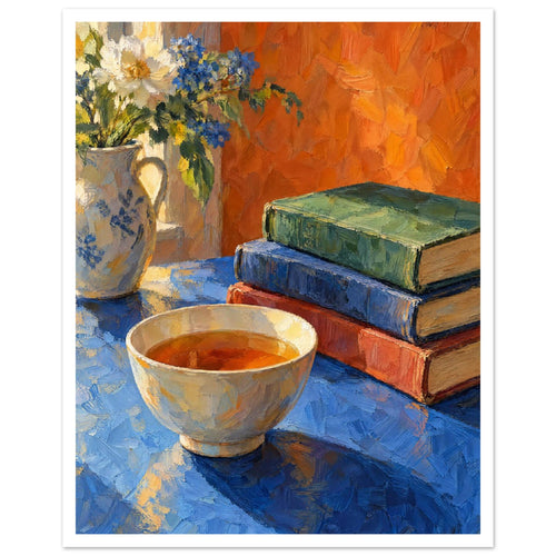 Bowl of tea beside stacked books and a jug of white and blue flowers on a blue table against an orange background.