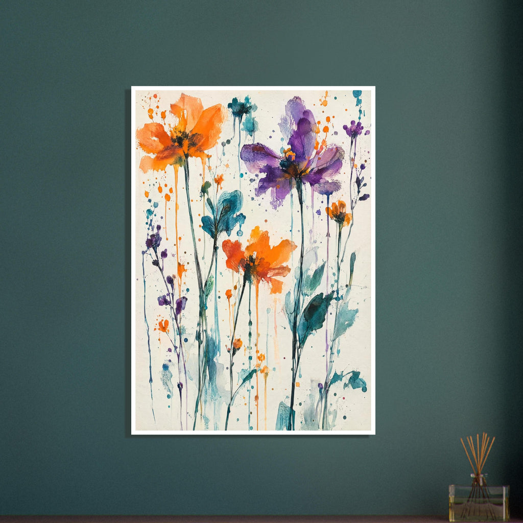 Orange and purple watercolour flowers on tall stems with teal leaves, paint splashes and drips against cream.
